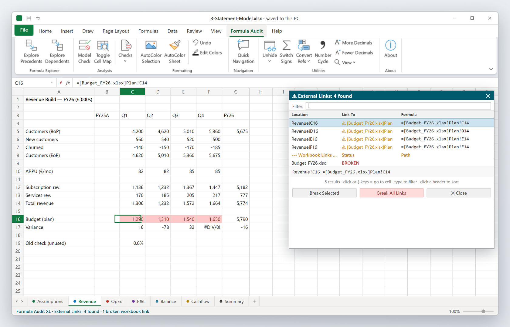 Five targeted checks. Every major model risk, covered. — Formula Audit XL