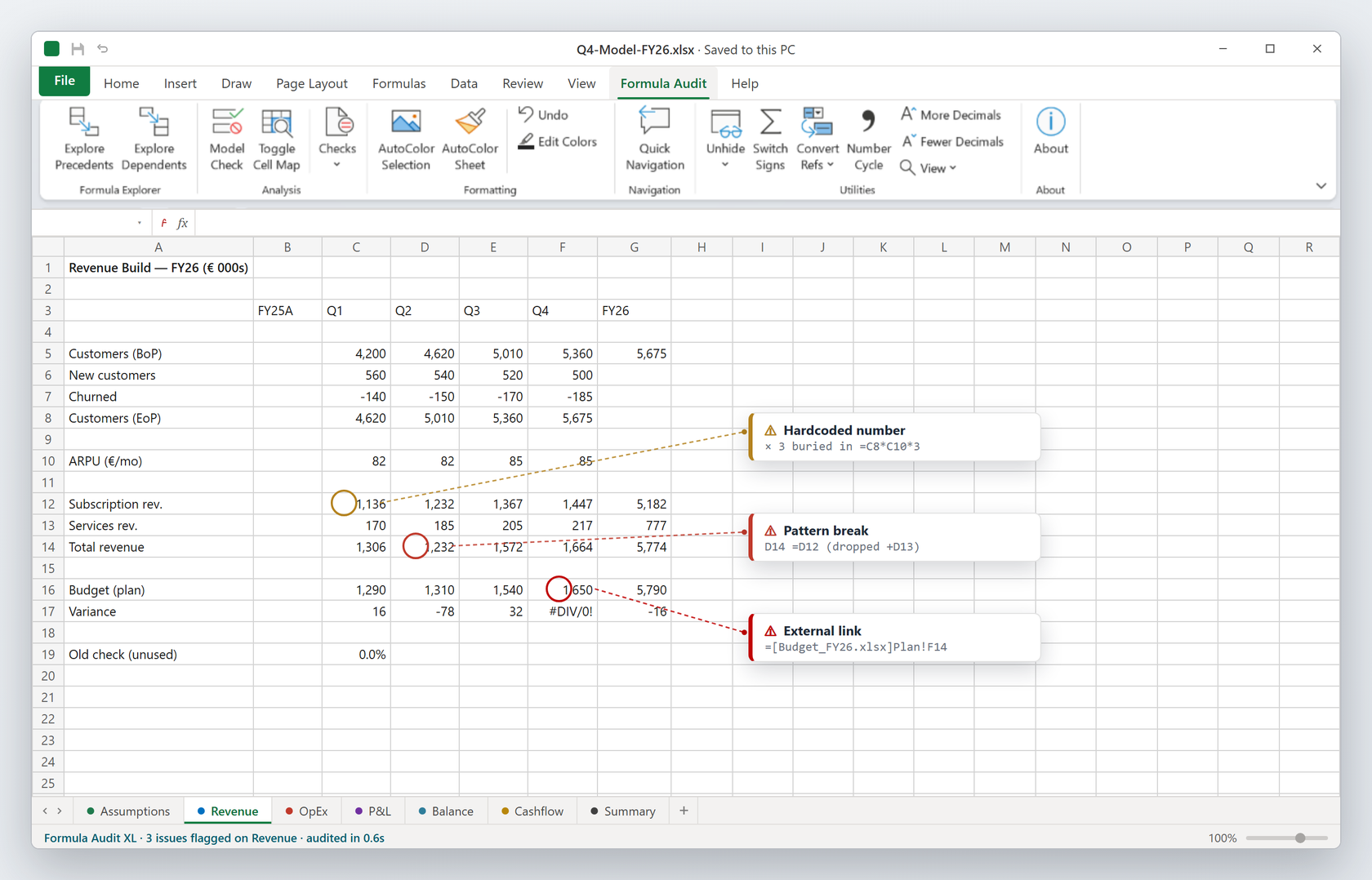 Formula Audit XL auditing an Excel model: tracing formulas and surfacing hidden errors
