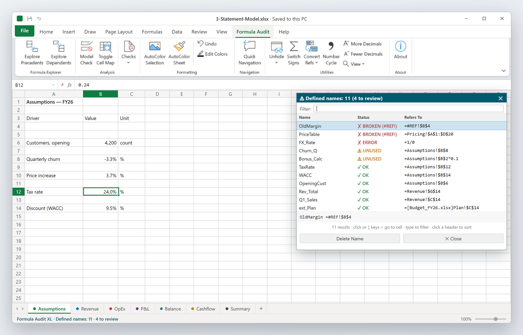 Clean up your defined names before they cause silent errors — Formula Audit XL